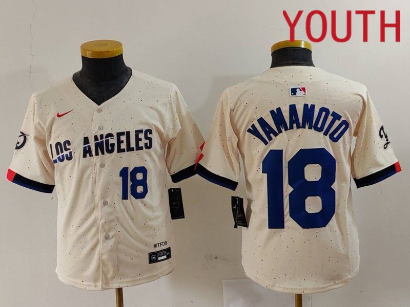 Youth Los Angeles Dodgers #18 Yamamoto Cream Fashion Nike Game MLB Jersey style 7013